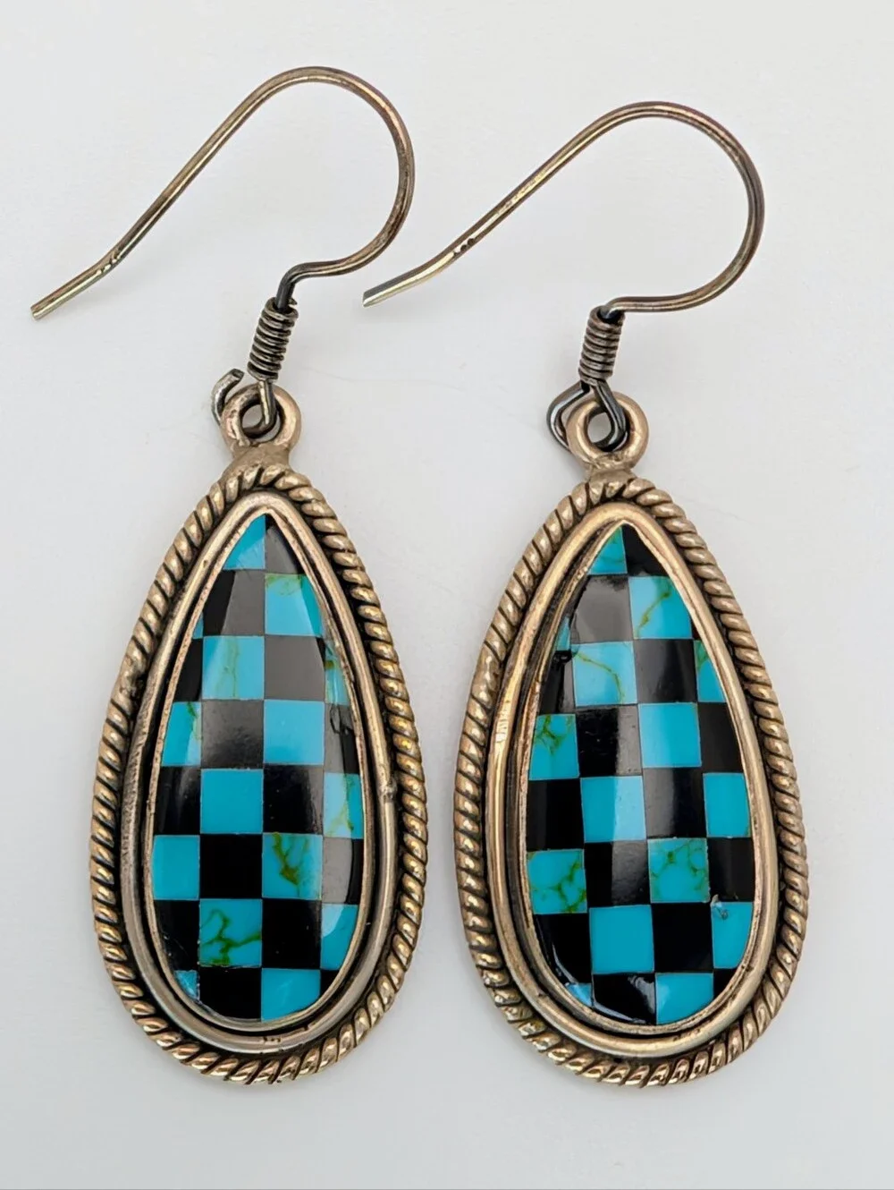 Turquoise & Black Onyx S925 Sterling Silver Matte Checkered Dangle Earrings